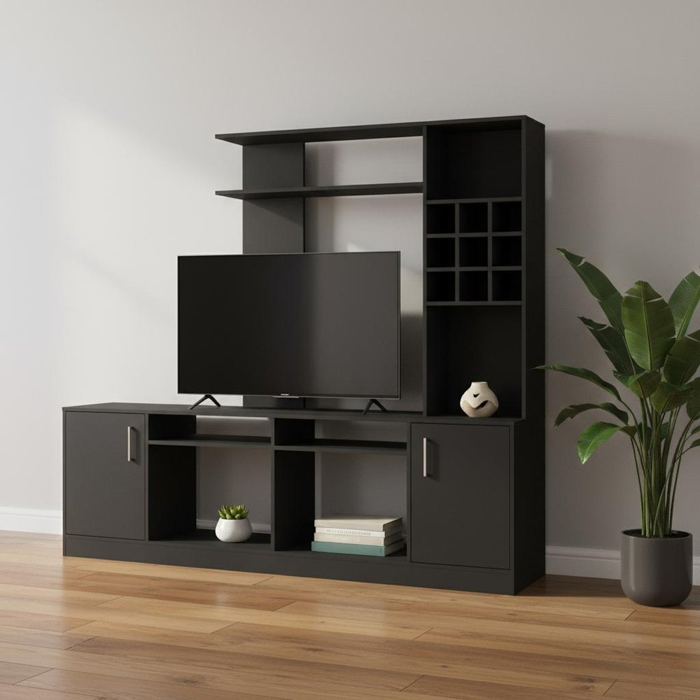 78" Black Wood Open shelving Entertainment Center