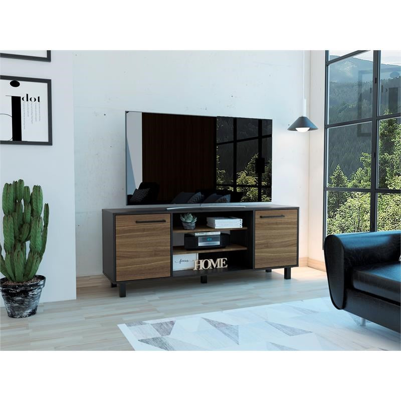 59" Brown And Black Particle Board Open Shelving TV Stand