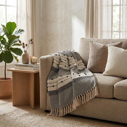 52" X 67" Beige and Black Woven Wool Throw Blanket