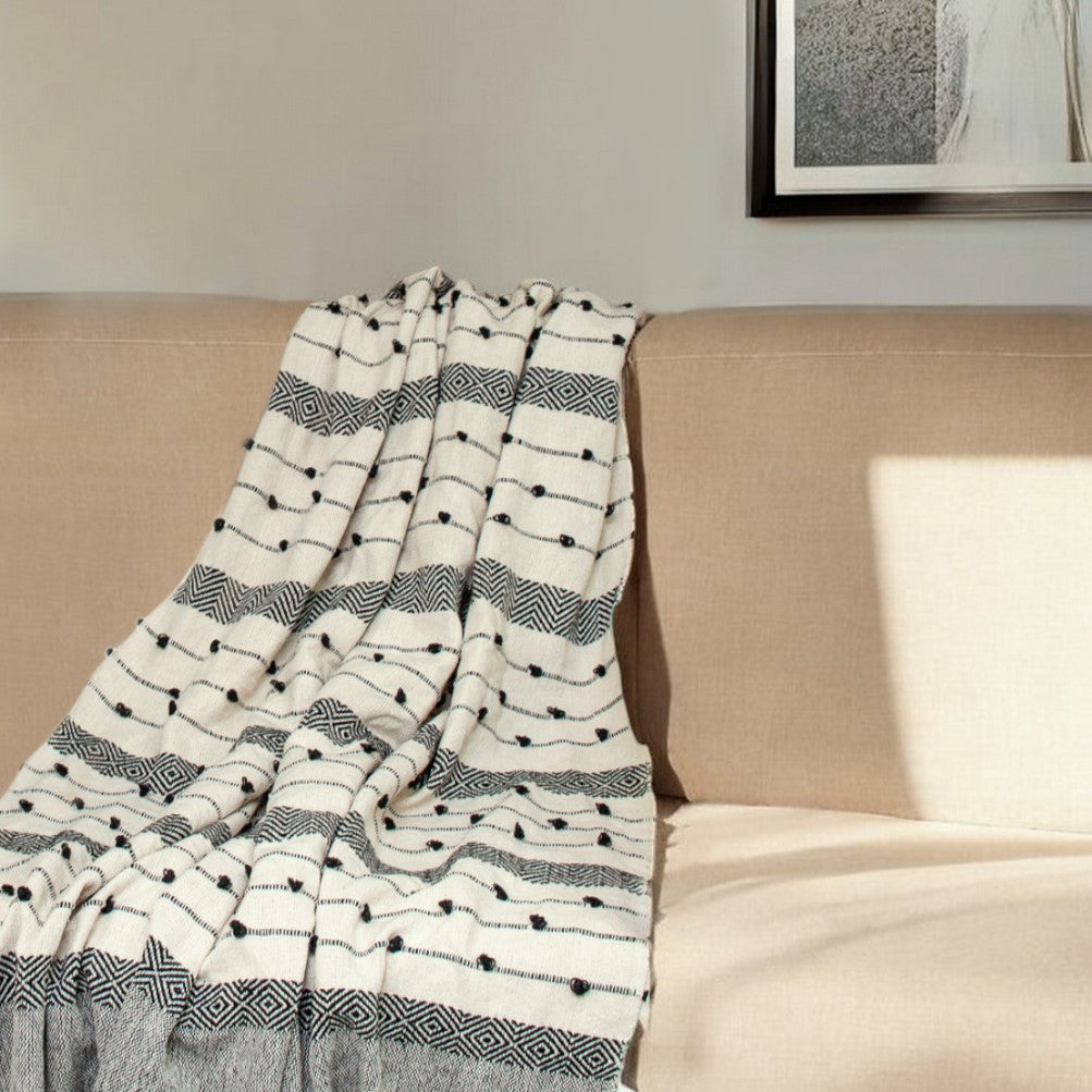 52" X 67" Beige and Black Woven Wool Throw Blanket