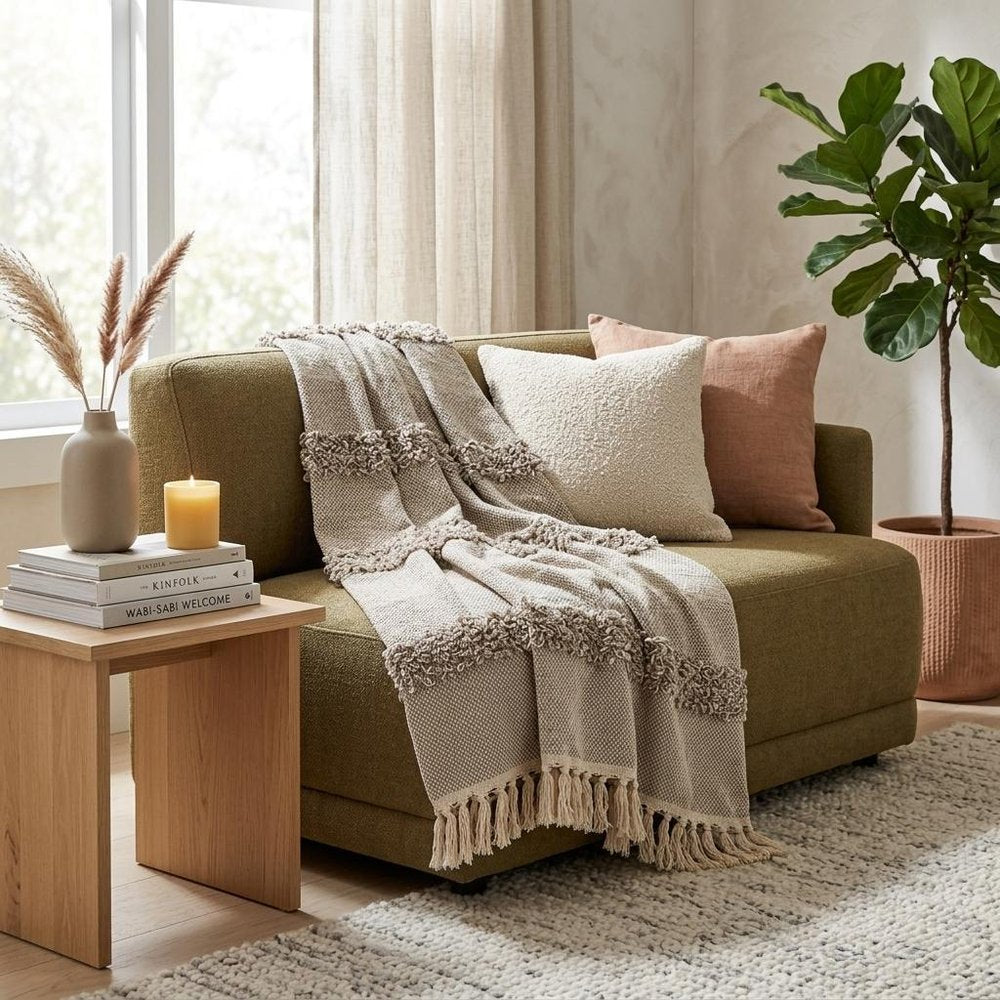 Beige Woven Wool Solid Color Reversable Throw