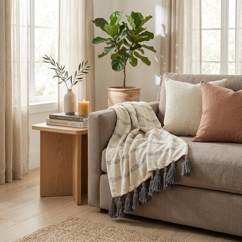 Off White Woven Cotton Solid Color Reversable Throw
