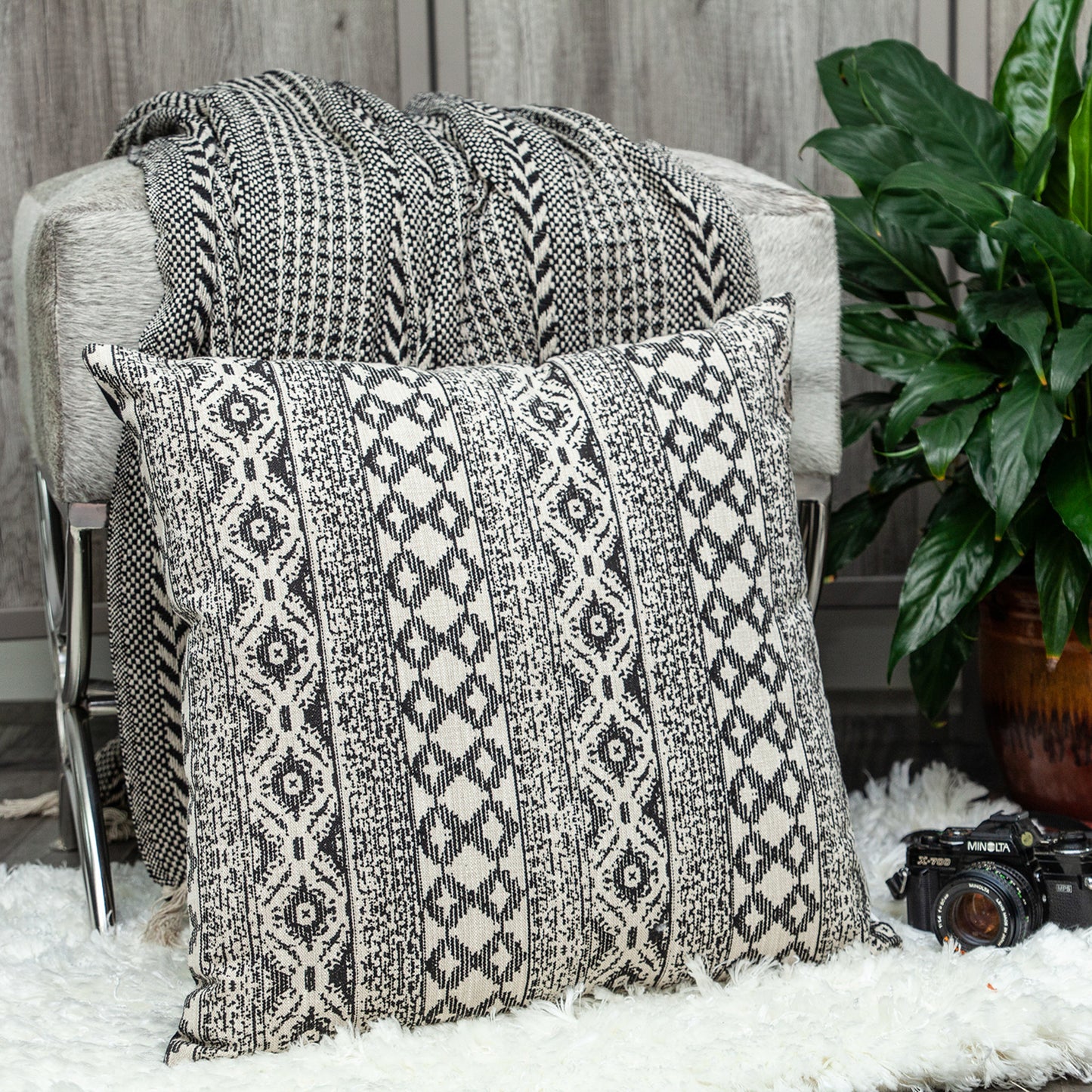 20" Beige and Black Southwestern Cotton Throw Pillow With Texture