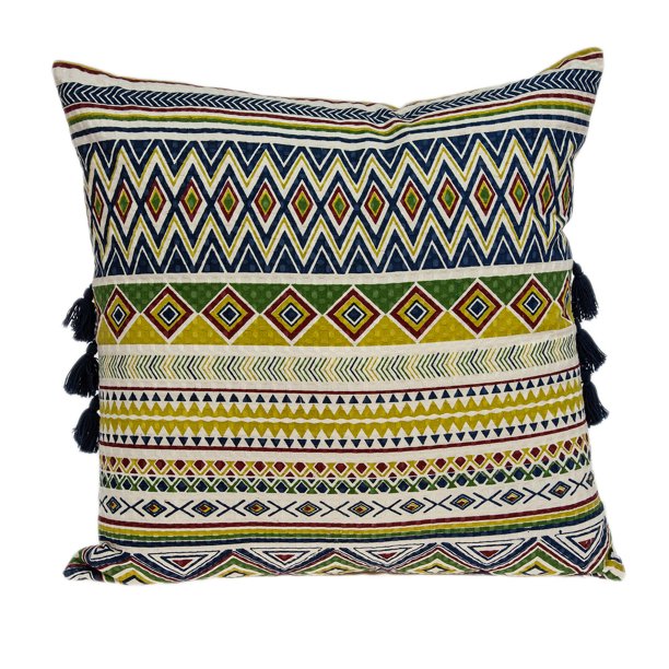 20" Green and Yellow Cotton Throw Pillow With Tassels