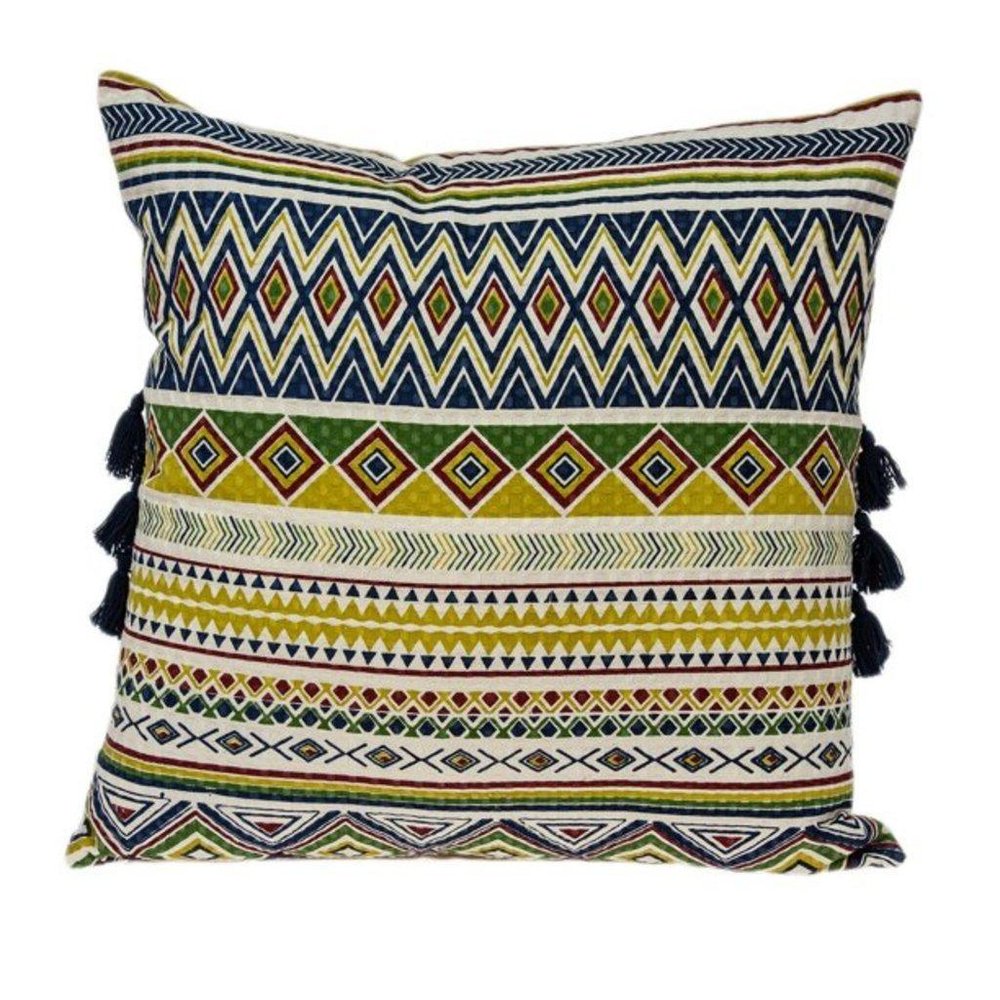 20" Green and Yellow Cotton Throw Pillow With Tassels
