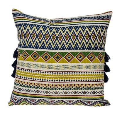 20" Green and Yellow Cotton Throw Pillow With Tassels