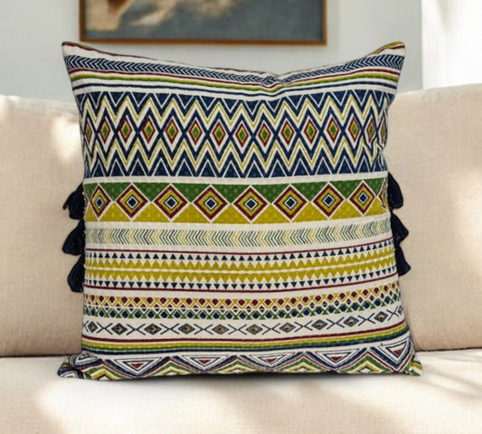 20" Green and Yellow Cotton Throw Pillow With Tassels