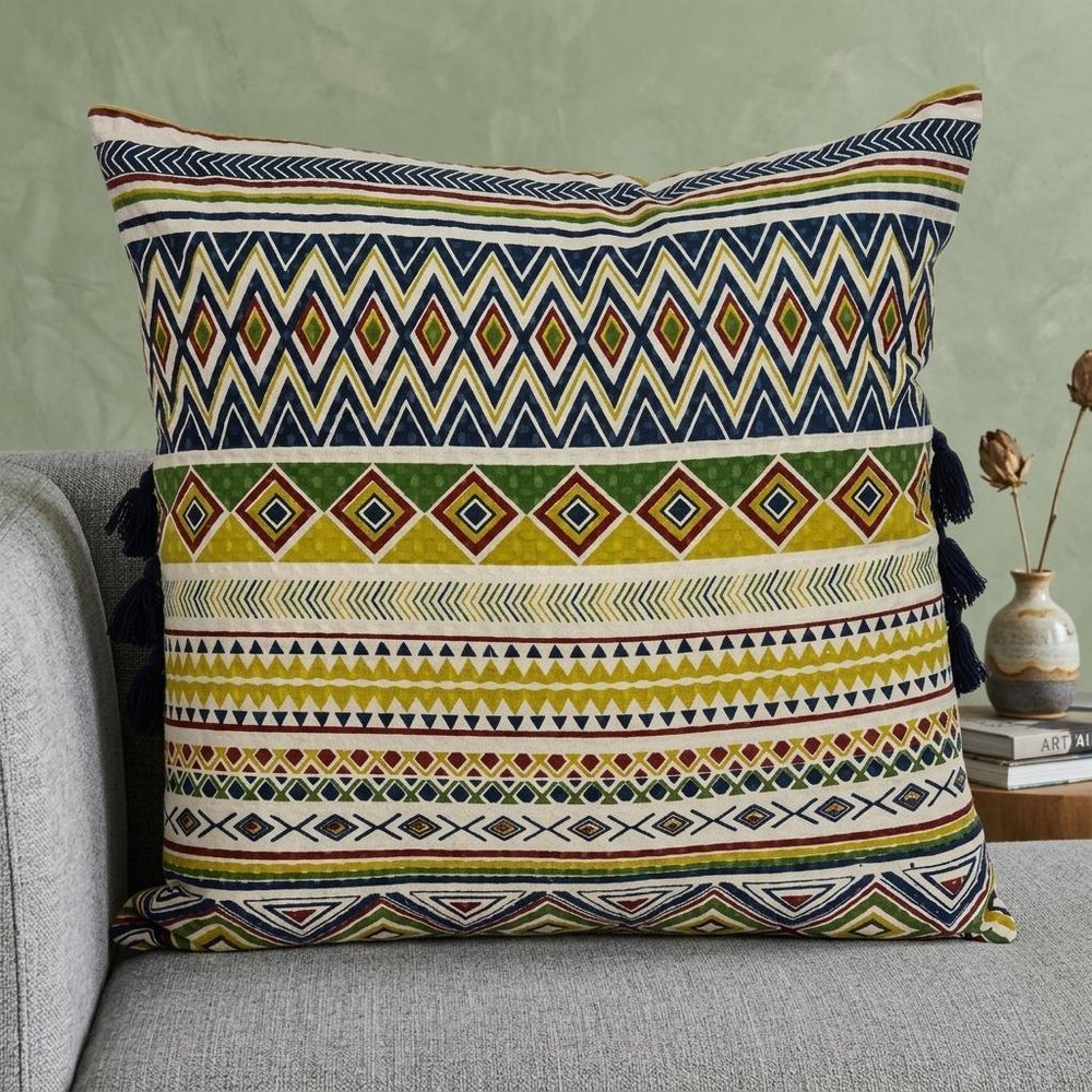 20" Green and Yellow Cotton Throw Pillow With Tassels