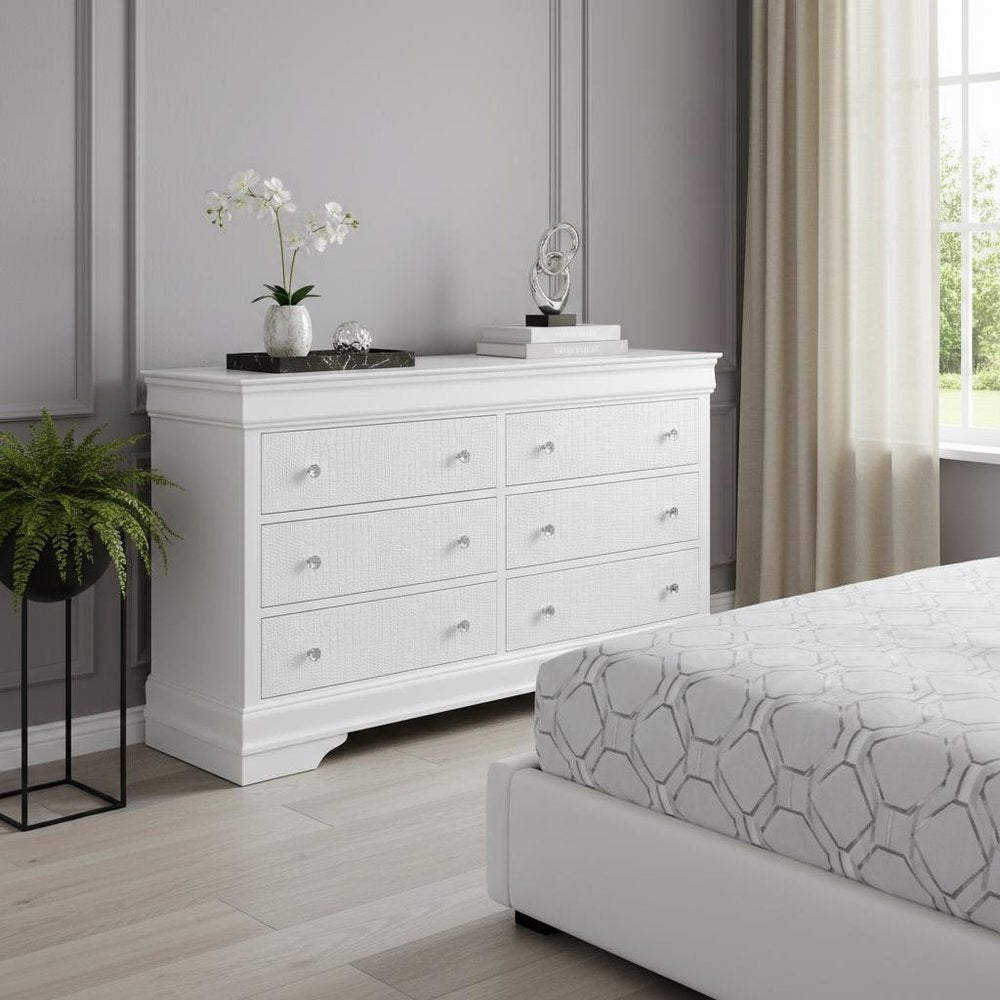 58" Metallic White Solid Wood Six Drawer Double Dresser