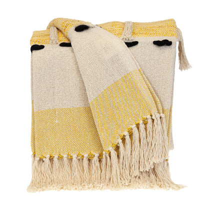 50" X 60" Yellow and Ivory Woven Cotton Striped Throw Blanket with Tassels