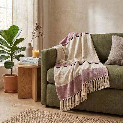 50" X 60" Purple and Ivory Woven Cotton Striped Throw Blanket with Tassels