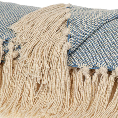 50" X 60" Blue and Ivory Woven Cotton Striped Throw Blanket with Tassels