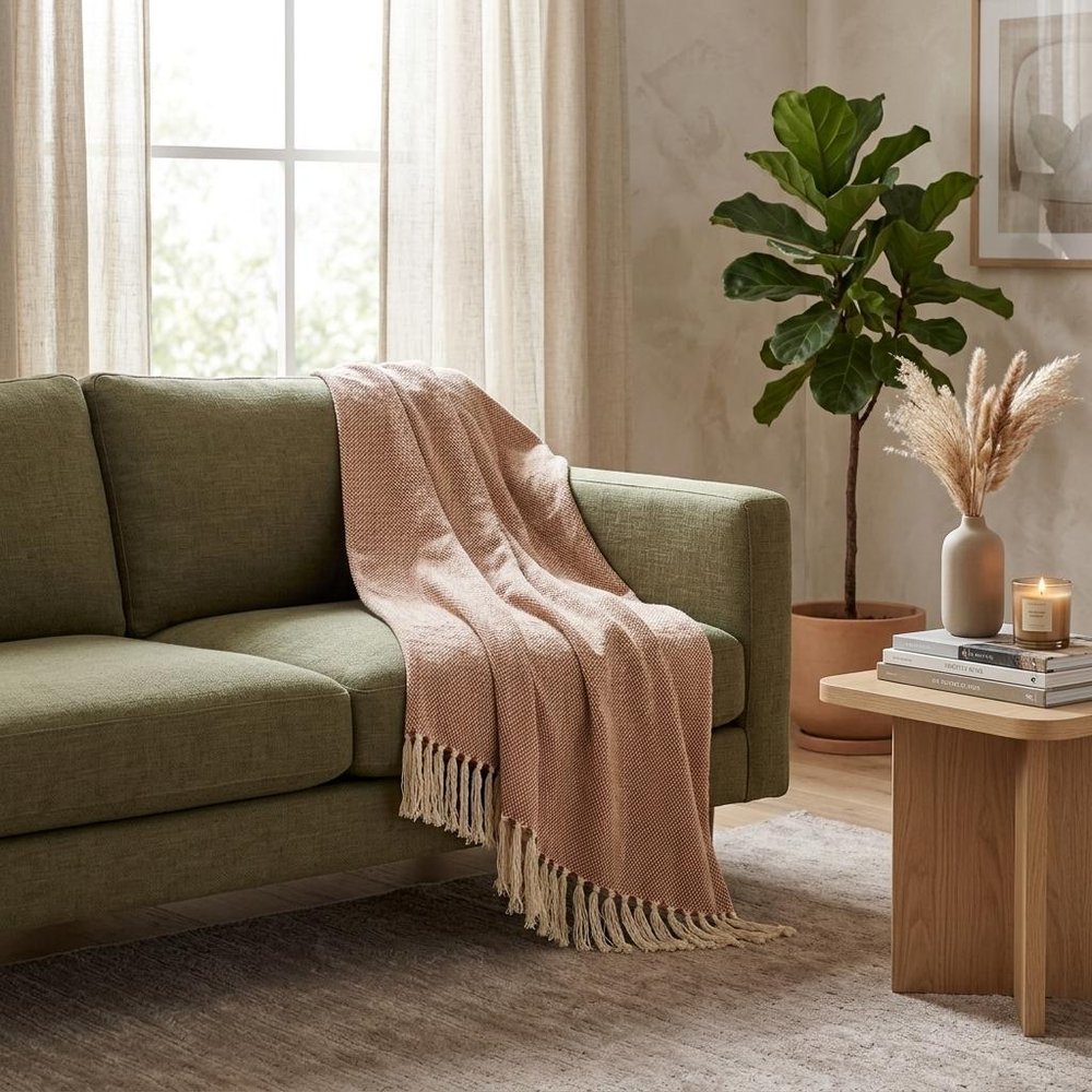 50" X 60" Brown and Ivory Woven Cotton Striped Throw Blanket with Tassels