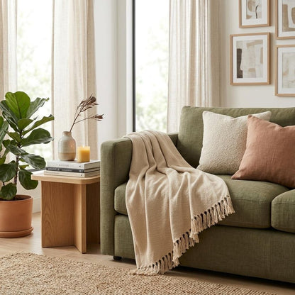 Beige Woven Cotton Abstract Throw Blanket