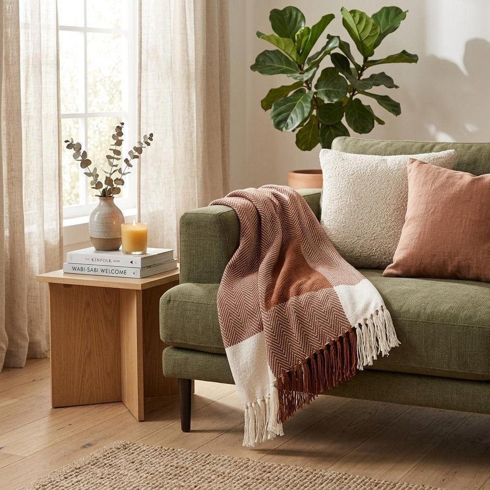 Burnt Orange Woven Cotton Striped Throw Blanket