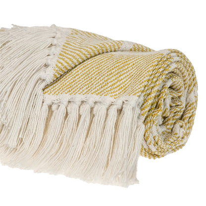 50" X 60" White And Yellow Striped Cotton Woven Throw Blanket