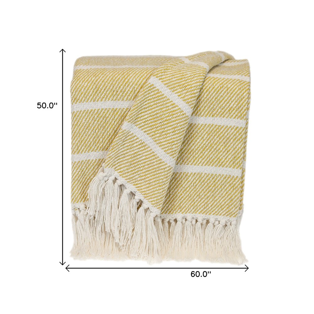 50" X 60" White And Yellow Striped Cotton Woven Throw Blanket