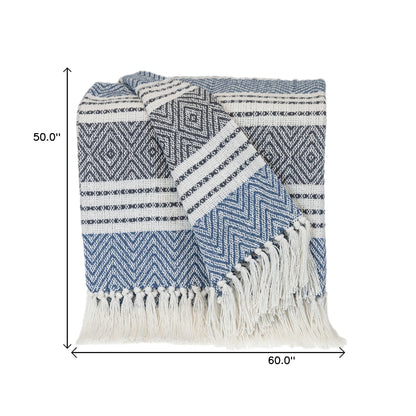 Blue Woven Cotton Striped Throw Blanket