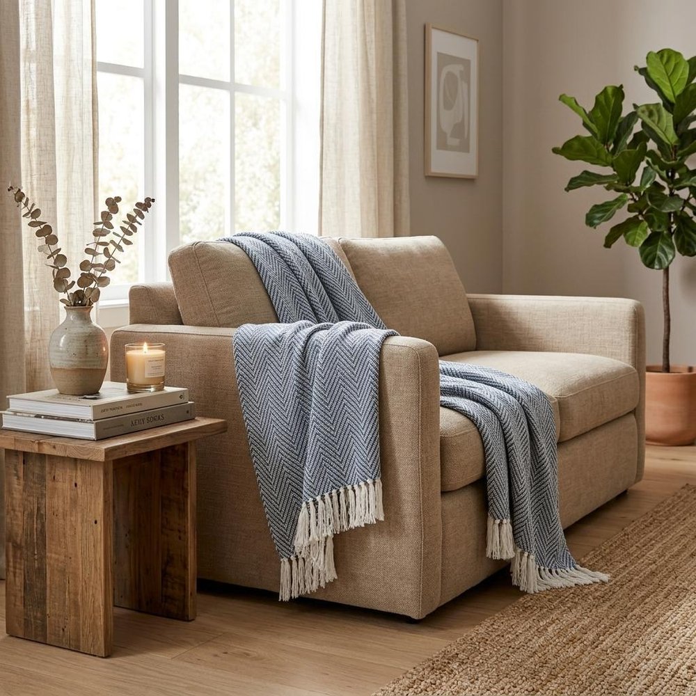 Blue Woven Cotton Striped Throw Blanket