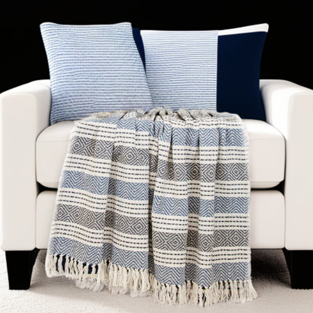 Blue Woven Cotton Striped Throw Blanket