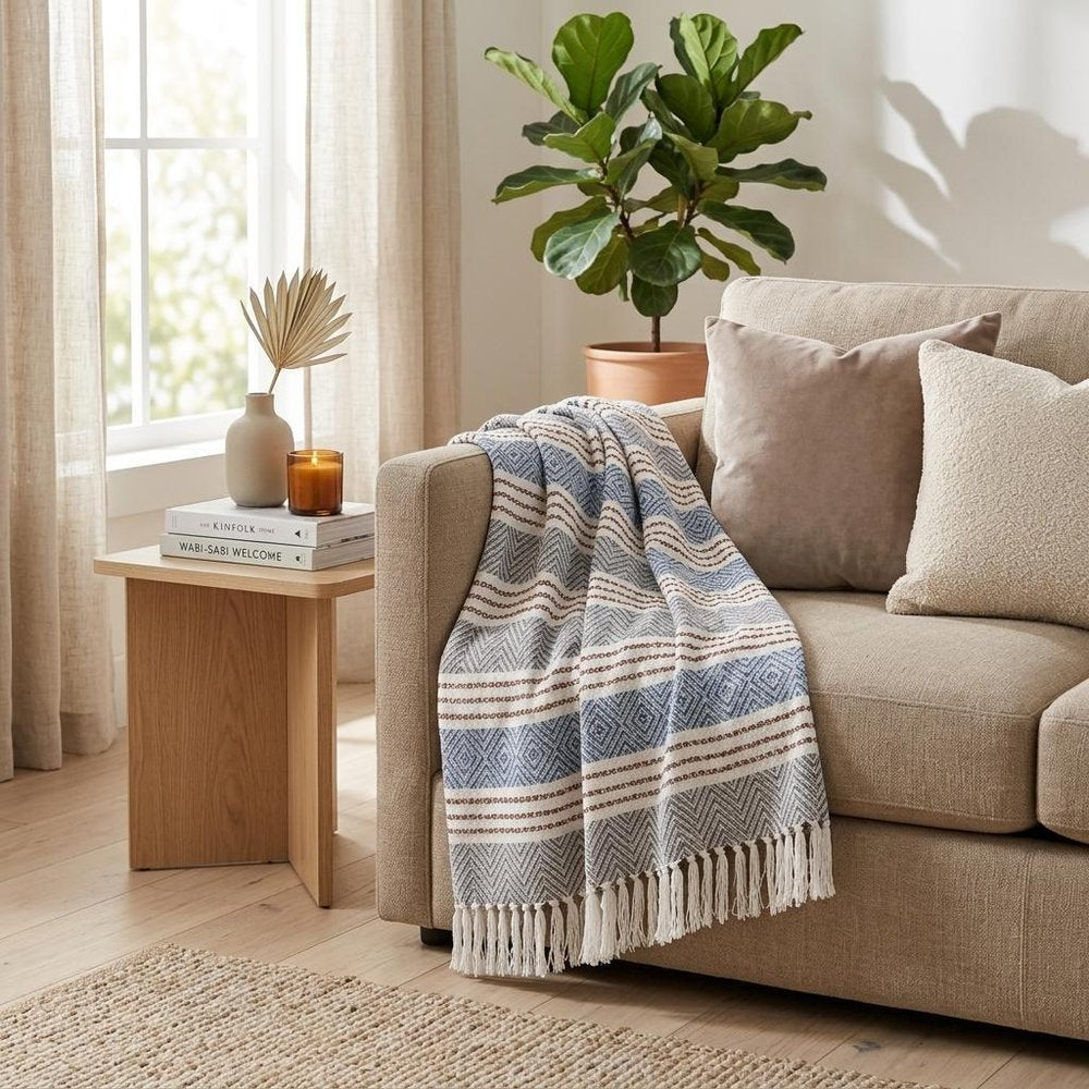 Gray and White Woven Cotton Striped Throw Blanket