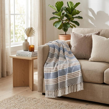 Gray and White Woven Cotton Striped Throw Blanket