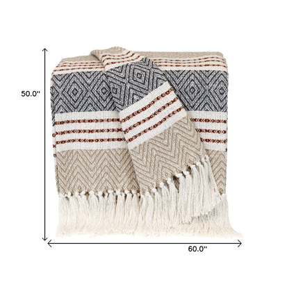 Beige Woven Cotton Striped Throw Blanket