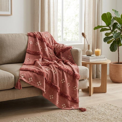 Pink Woven Cotton Striped Throw Blanket