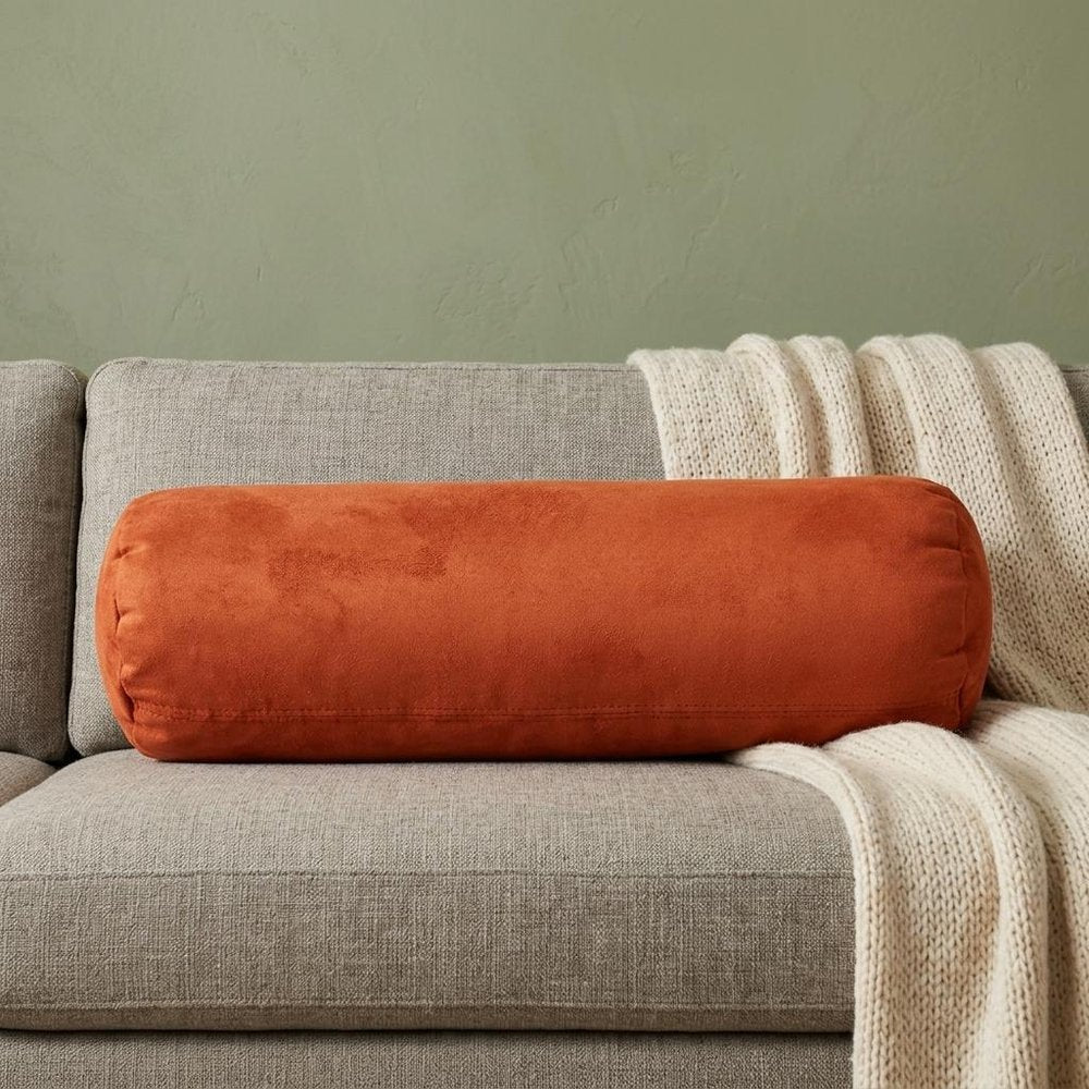 8" X 20" Burnt Orange Bolster Microsuede Bolster Throw Pillow