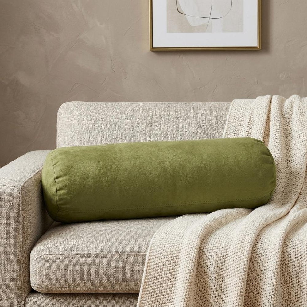8" X 20" Moss Green Bolster Microsuede Throw Pillow