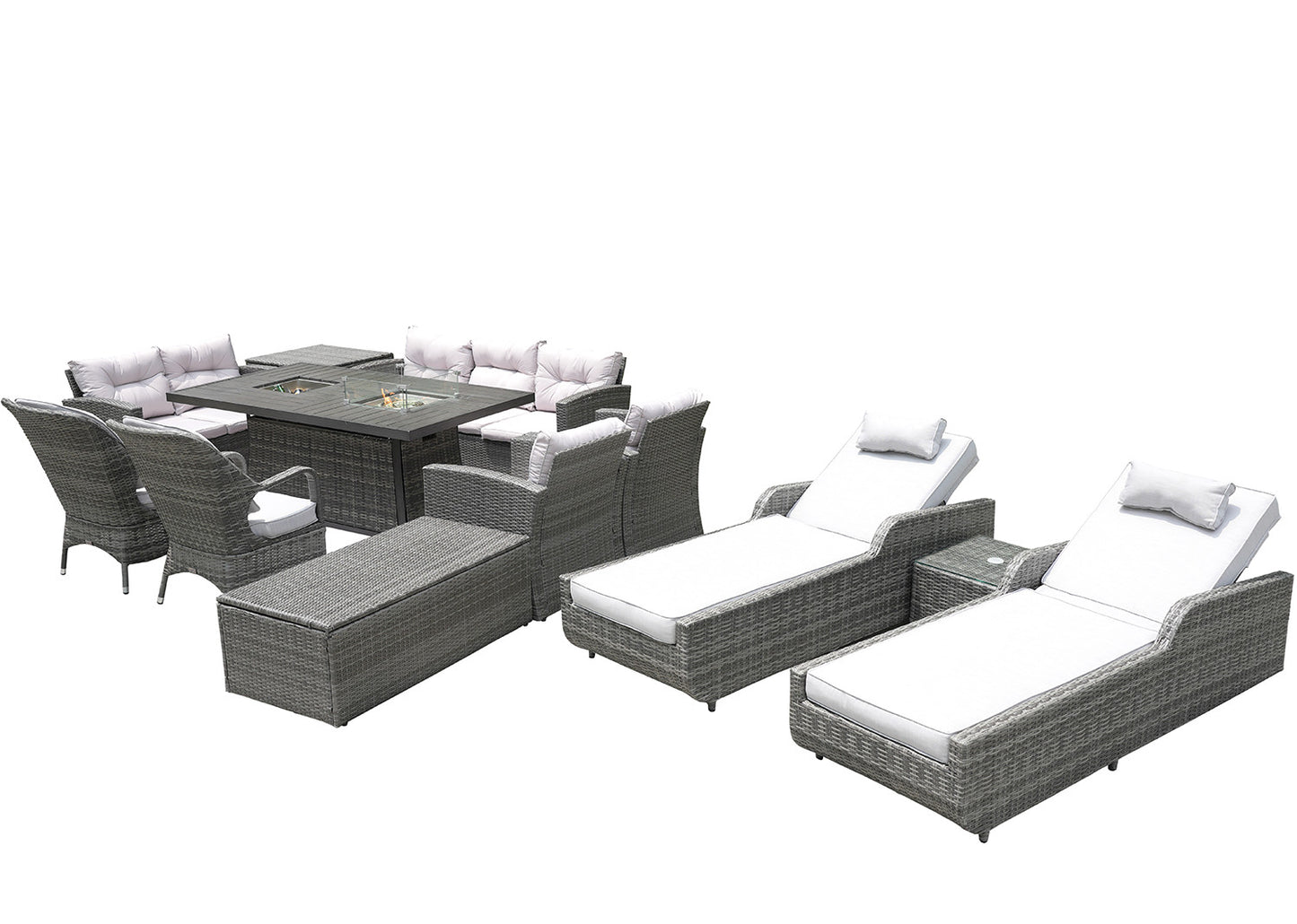 Twelve Piece Outdoor Gray Wicker Multiple Chairs Seating Group Fire Pit Included with White Cushions