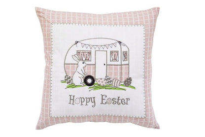 17" Pink And White Easter Bunny Plaid Throw Pillow with Embroidery