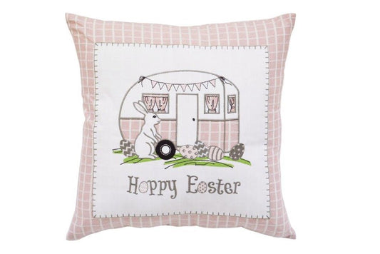 17" Pink And White Easter Bunny Plaid Throw Pillow with Embroidery