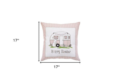 17" Pink And White Easter Bunny Plaid Throw Pillow with Embroidery
