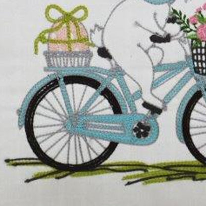 17" X 17" Light Pink Checkered Easter Bunny on Bicycle Throw Pillow