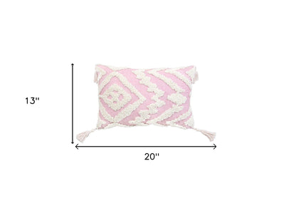 13" X 20" Pink and White Textural Abstract Throw Pillow with Tassels