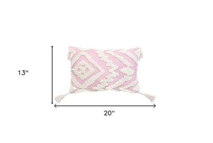 13" X 20" Pink and White Textural Abstract Throw Pillow with Tassels