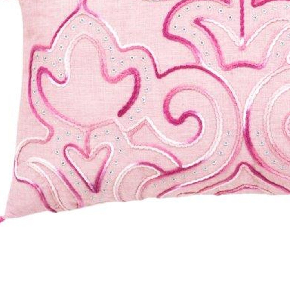 13" X 20" Pink Embroidered Damask Throw Pillow With Tassels