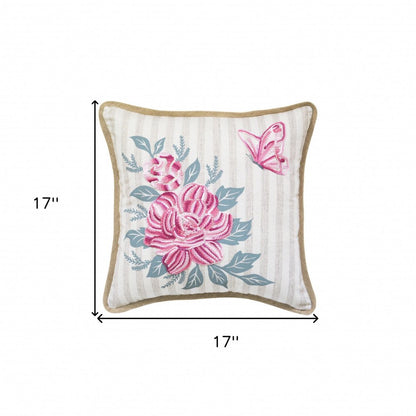 17" Blue and Pink Floral Throw Pillow with Embroidery