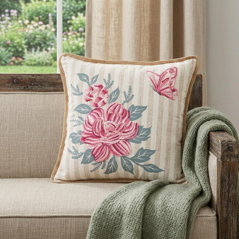 17" Blue and Pink Floral Throw Pillow with Embroidery
