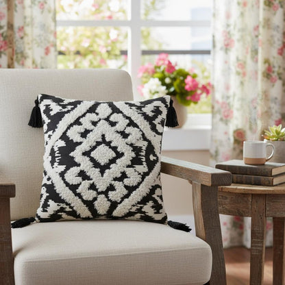 17" Black and White Throw Pillow with Tassels