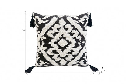 17" X 17" Black and White Textural Geometric Throw Pillow With Tassels