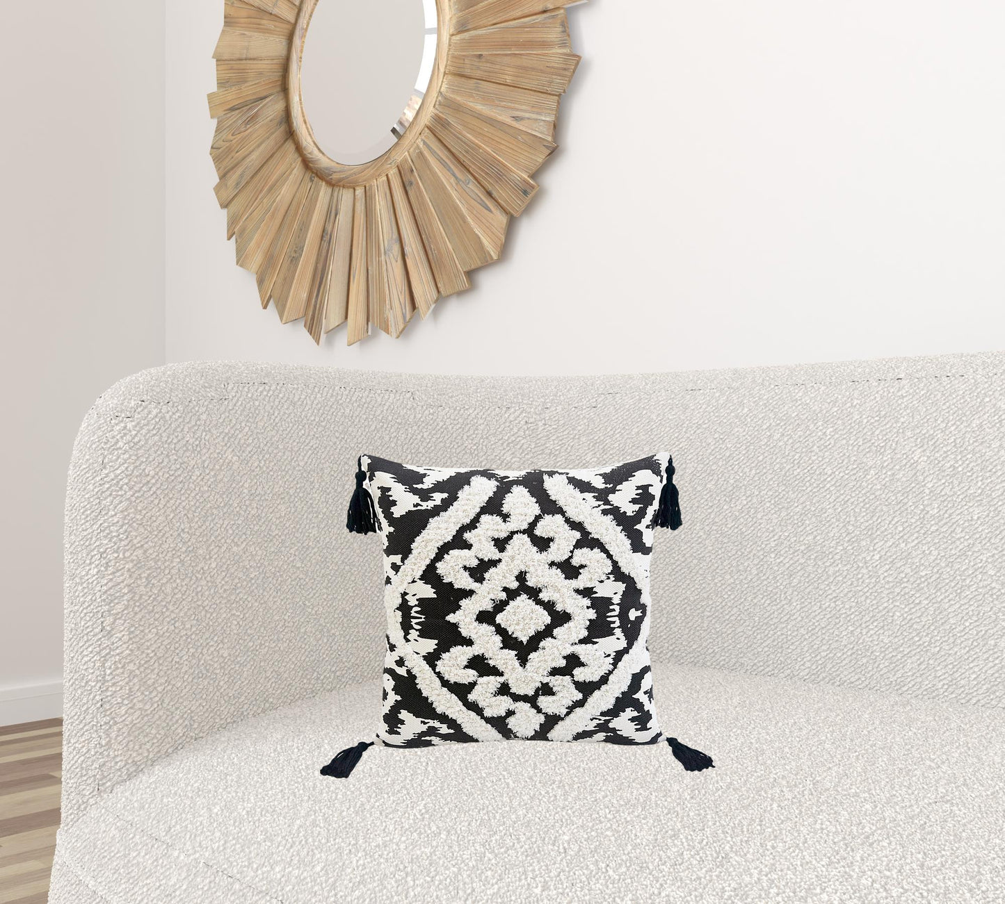 17" X 17" Black and White Textural Geometric Throw Pillow With Tassels