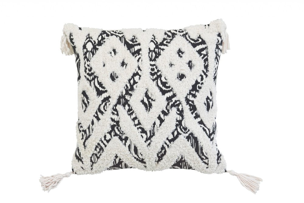 18" Black And White Ikat Cotton Blend Throw Pillow with Tassels