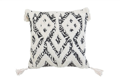 18" Black And White Ikat Cotton Blend Throw Pillow with Tassels