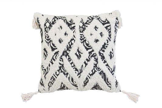 18" Black And White Ikat Cotton Blend Throw Pillow with Tassels