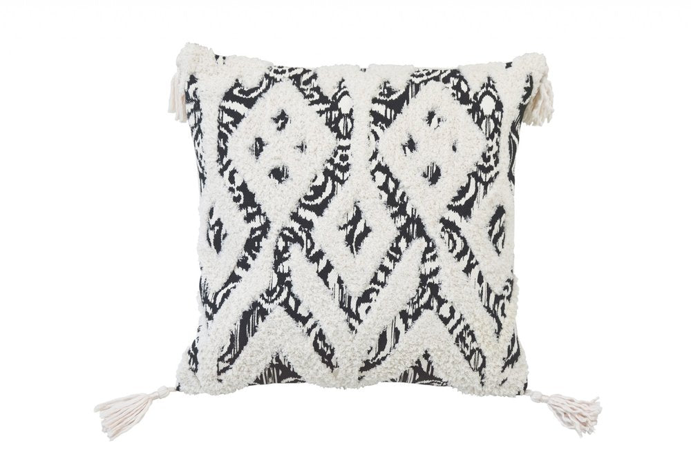 18" Black And White Ikat Cotton Blend Throw Pillow with Tassels