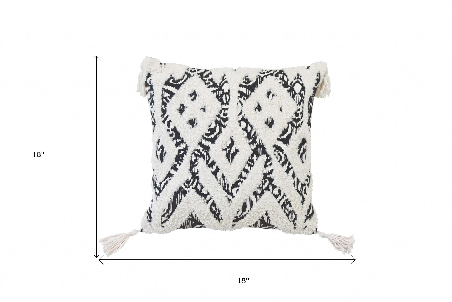 18" X 18" Black And White Ikat Zippered Polyester And Cotton Blend Throw Pillow With Tassels