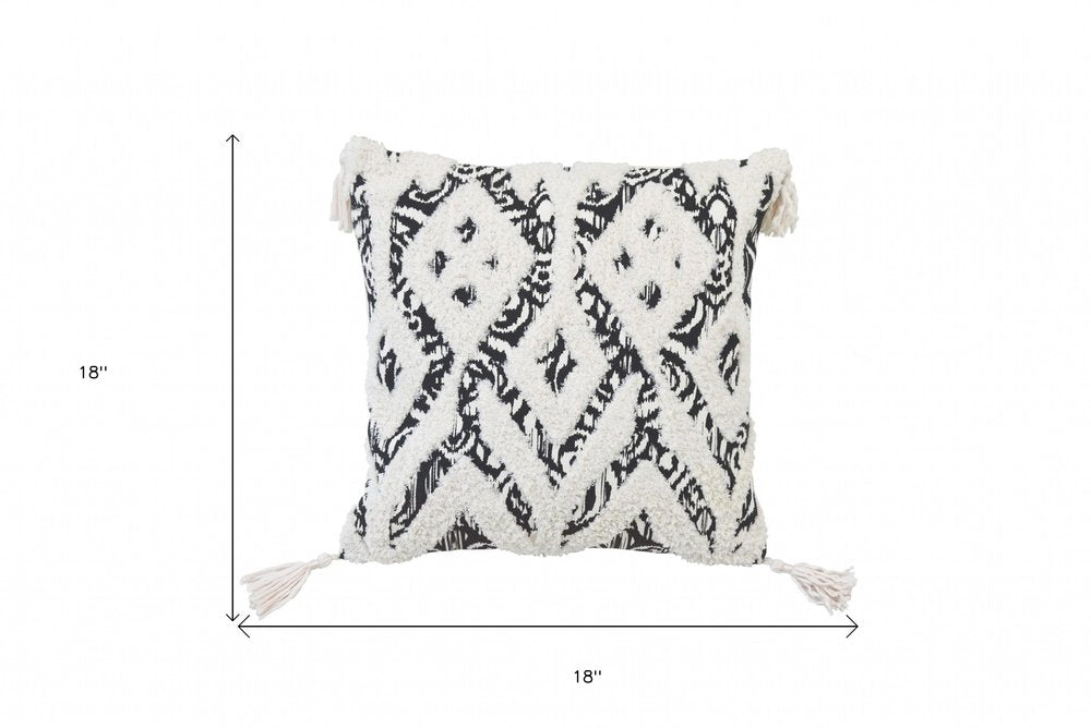 18" Black And White Ikat Cotton Blend Throw Pillow with Tassels