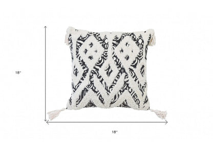 18" Black And White Ikat Cotton Blend Throw Pillow with Tassels